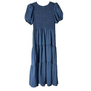 Blue Prairie Tiered Maxi Dress Size XL Smocked Puff Sleeve Casual Boho Festival
